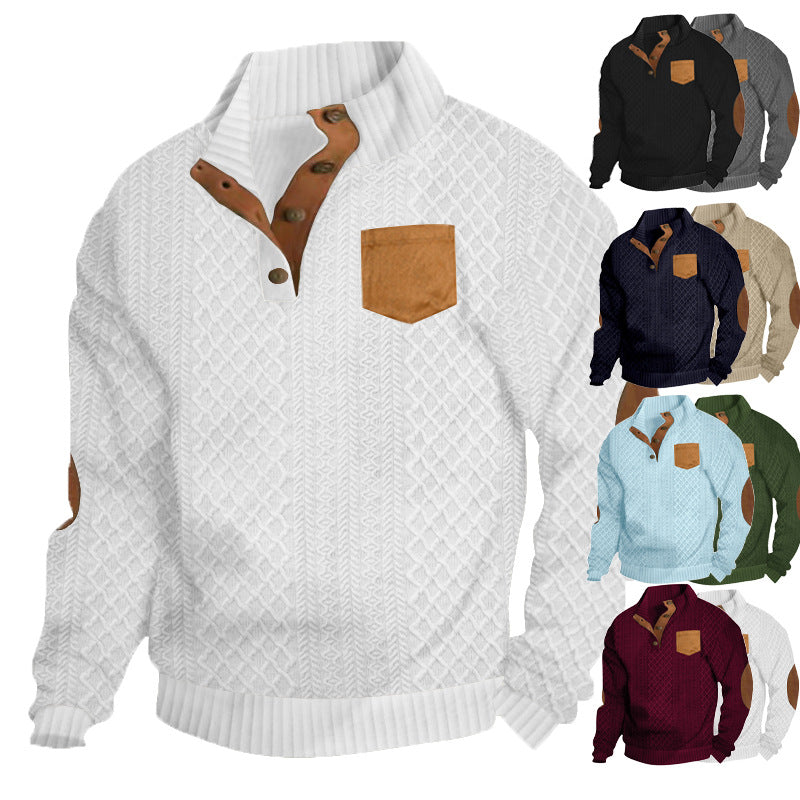 Herren Strukturiertes Kabelstrick-Sweatshirt mit Halbknopfblende, Kunstleder‑Patchtasche & Ellbogenpatches EB
