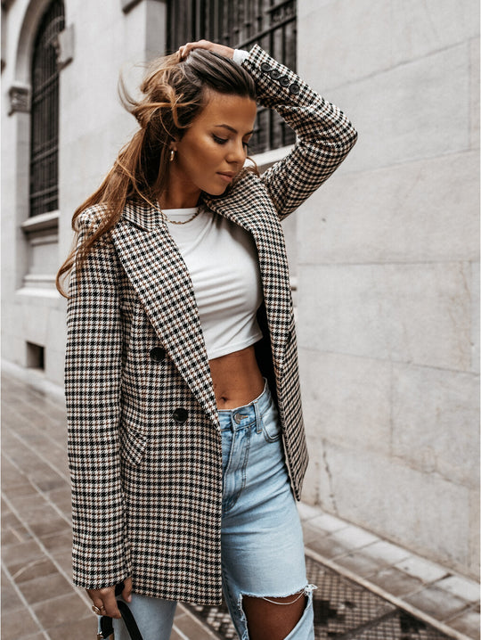 Damen lässiger Oversized-Blazer mit klassischem Hahnentrittmuster EB