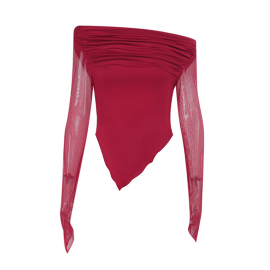 Damen elegantes Wickelshirt mit schulterfreiem Design und transparenten Ärmeln EB