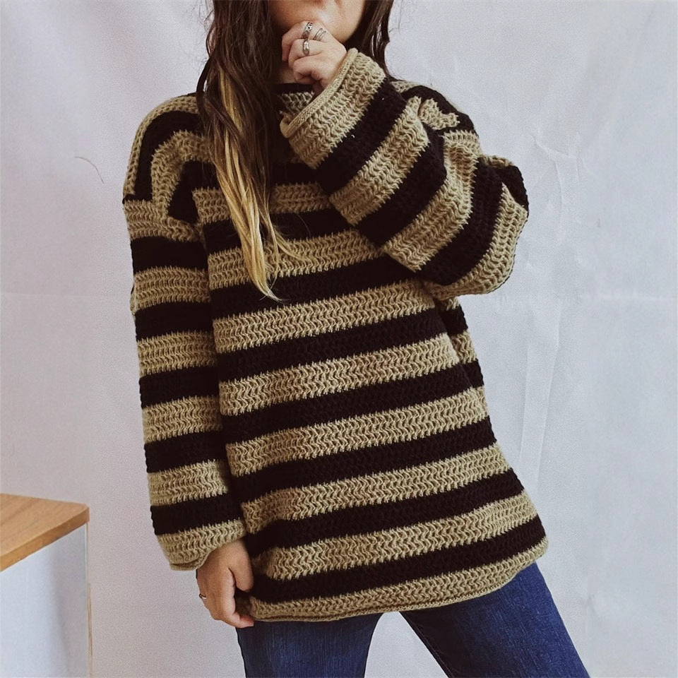 Damen lässiger Strickpullover mit kontrastierenden Streifen und weitem Schnitt EB