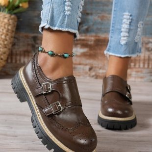 Damen Brogue-Monk-Slipper mit doppeltem Schnallenverschluss, gesteppter Kante und grober Profilsohle EB