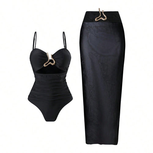 Damen Eleganter Badeanzug mit schickem Wrap-Rock EB