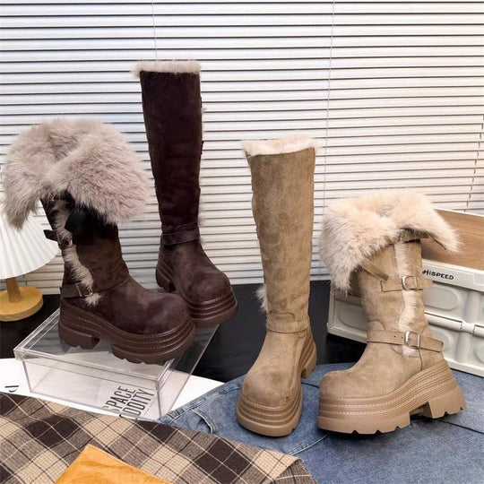 Damen Fleecegefütterte Winterstiefel mit modischen Schnallen und platform Sohle EB