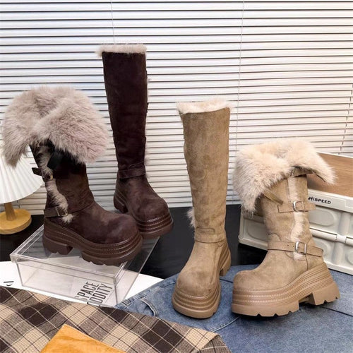 Damen Fleecegefütterte Winterstiefel mit modischen Schnallen und platform Sohle EB