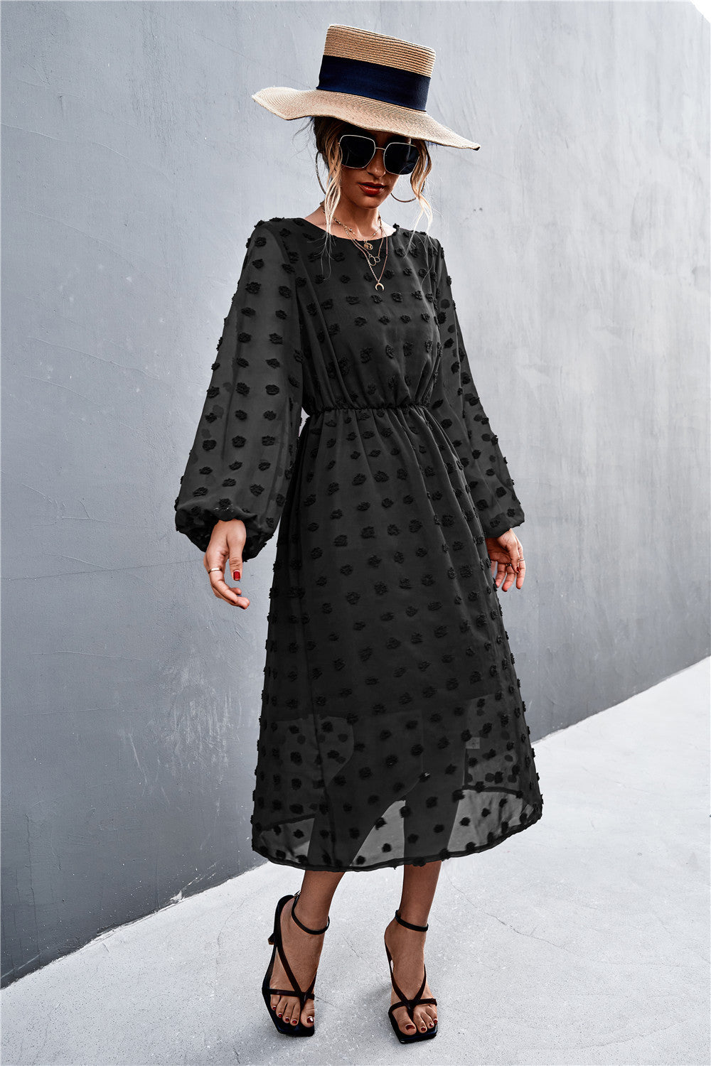 Damen Chiffonkleid mit elegantem Strukturmuster und modischem Gürtel EB
