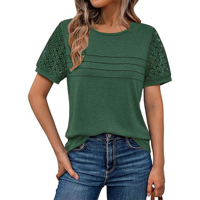 Damen luftiges T-Shirt mit attraktiven Häkelärmeln EB