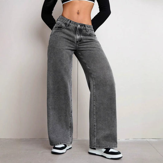 Damen weite Jeanshose mit hohem Bund und lässigem Schnitt EB