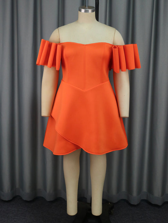 Damen Off-Shoulder Kleid mit Volantärmeln und asymmetrischem Saum EB