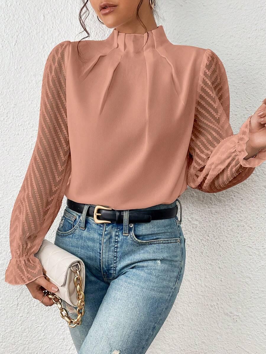 EB | Bluse mit Plissiertem Kragen und Transparenten Ärmeln Stilvoll und Feminin