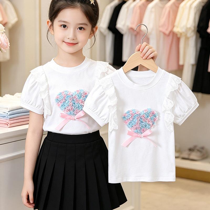 Mädchen T-Shirt mit Herzmotiv und Rüschendetails EB