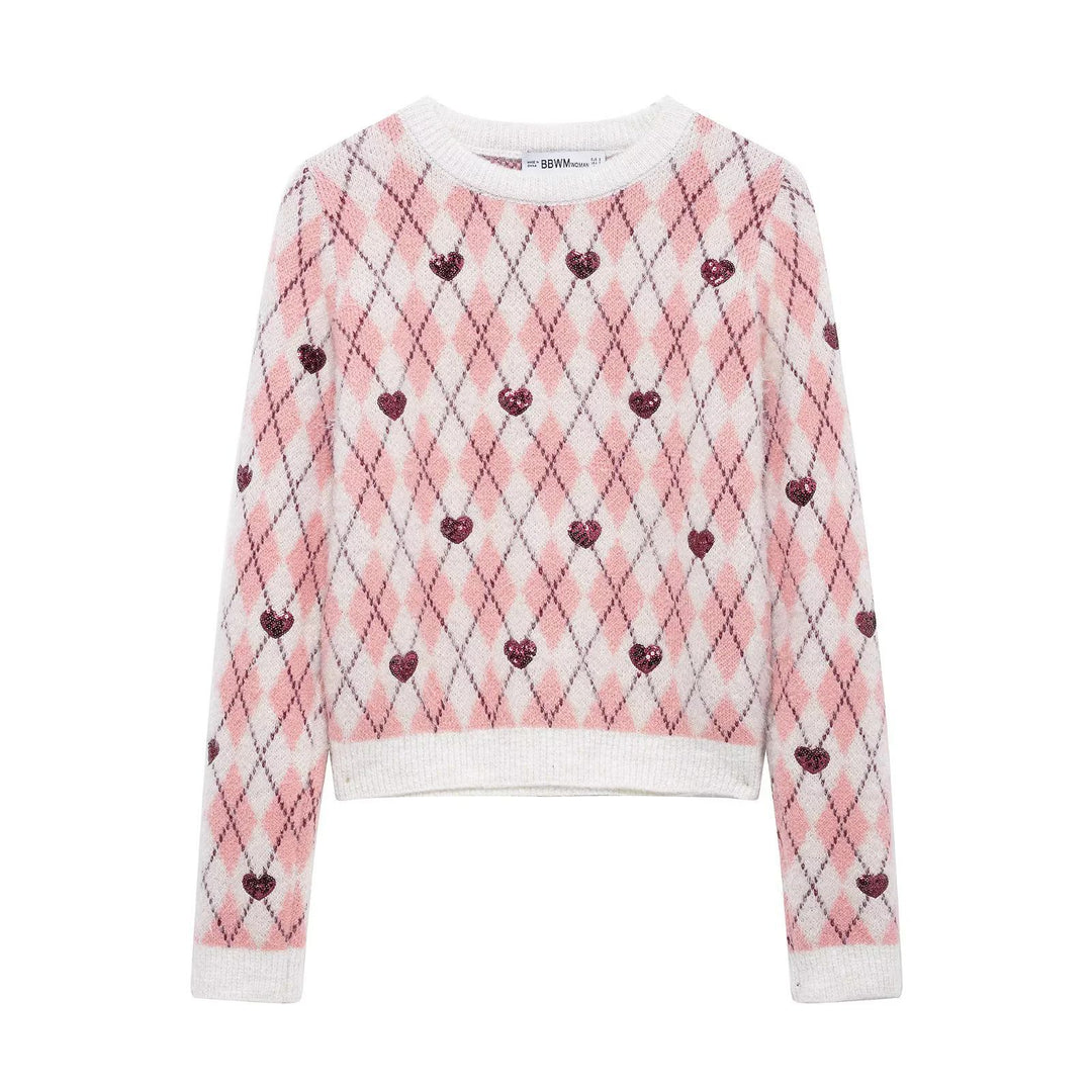 Damen Pullover mit herzförmigem Pattern und Glitzerelementen EB