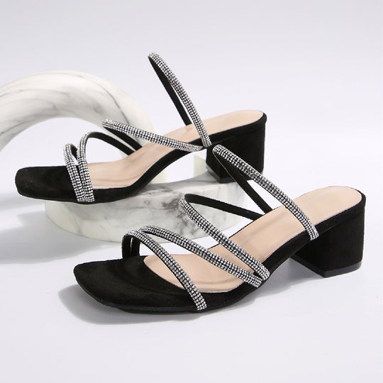 Damen Elegante Sandalen mit funkelnden Riemen und blockiertem Absatz EB
