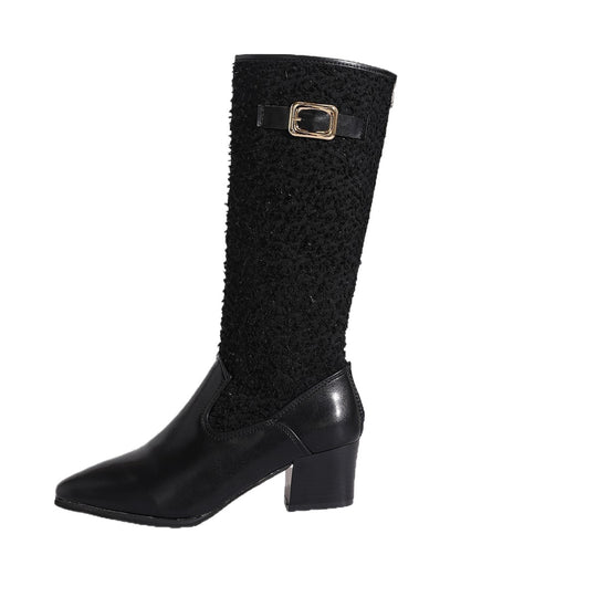 Damen modische Overknee-Stiefel mit elegantem Strickmuster und komfortablem blockiertem Absatz EB
