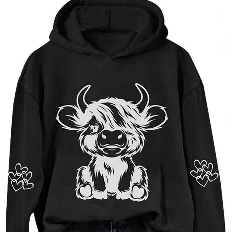 Damen Kapuzensweater mit entzückendem Kuhmotiv und praktischen Kängurutaschen EB
