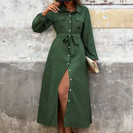 Damen Hemdkleid mit Bindegürtel und aufgesetzten Taschen EB