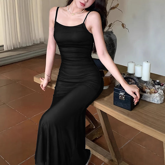 Damen langes Wickelkleid mit eleganter Silhouette und spaghettiträgen EB