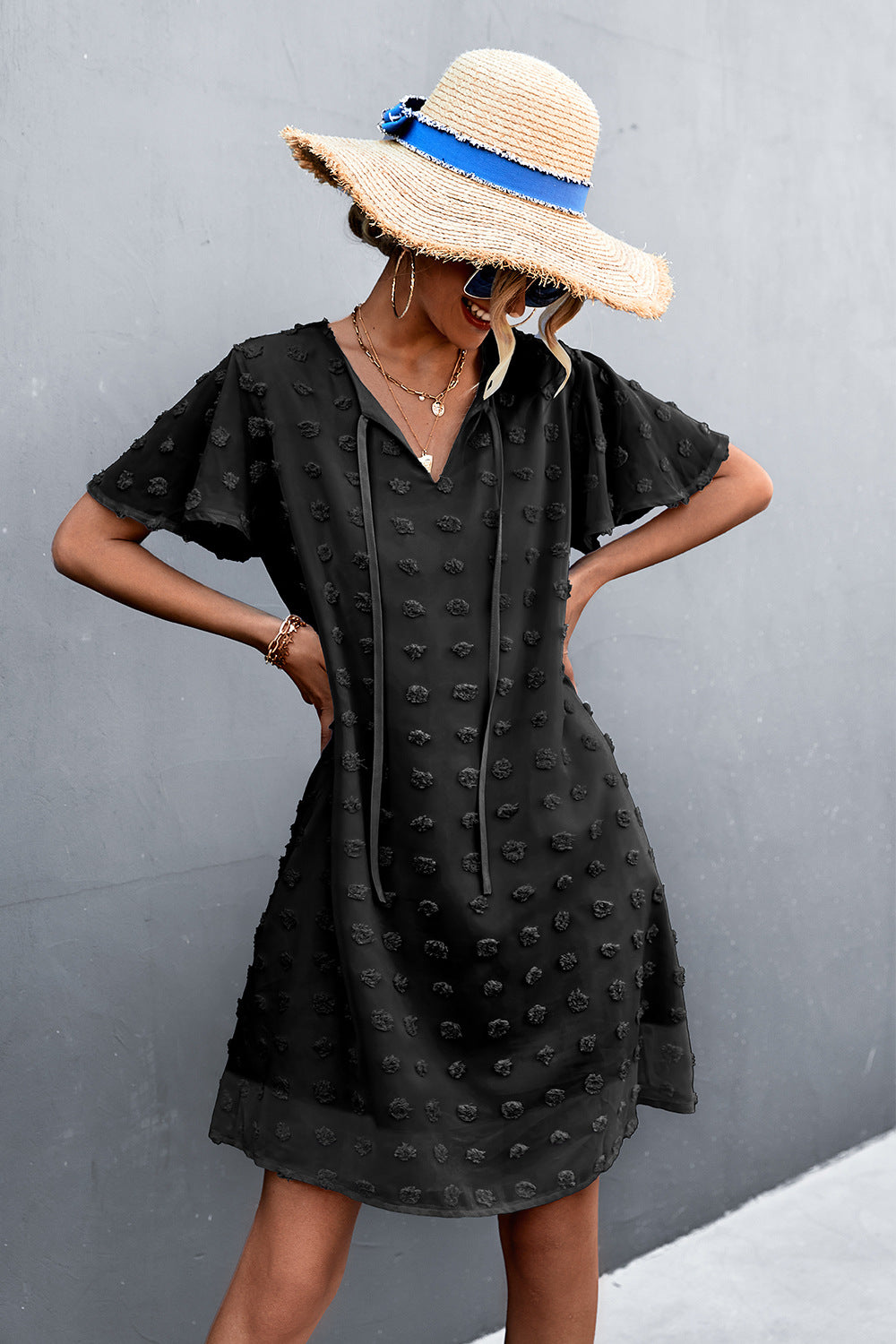 Damen Freizeitkleid mit luftigen Puffärmeln und Rüschenakzenten EB