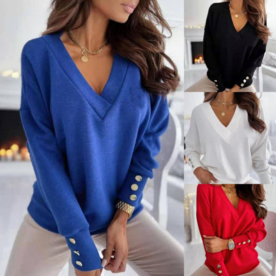 Damen lässiger V-Ausschnitt Pullover aus weichem Baumwollmix EB