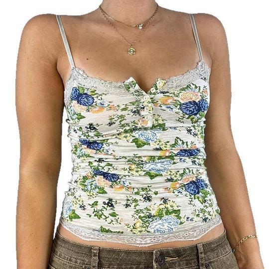 Damen Top mit Spitzenbesatz und floralen Mustern EB