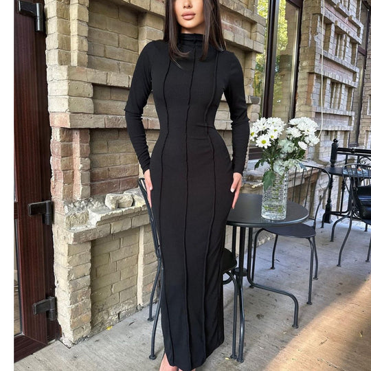 Damen figurbetontes Maxikleid mit schmalem Saum und langen Ärmeln EB