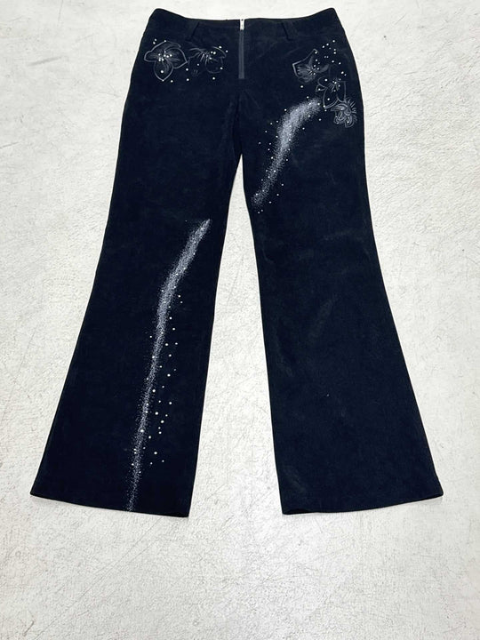 Damen nan ausgestellte Cordhose mit Glitzerstreifen und Blumenstickerei, hoher Bund EB