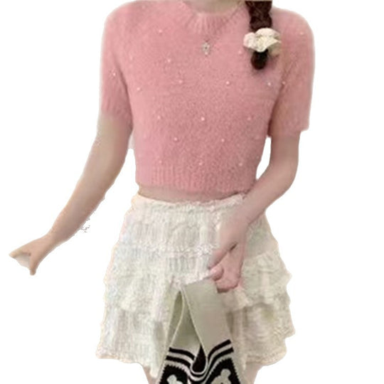 Damen cropped Pullover mit zarten Perlen EB