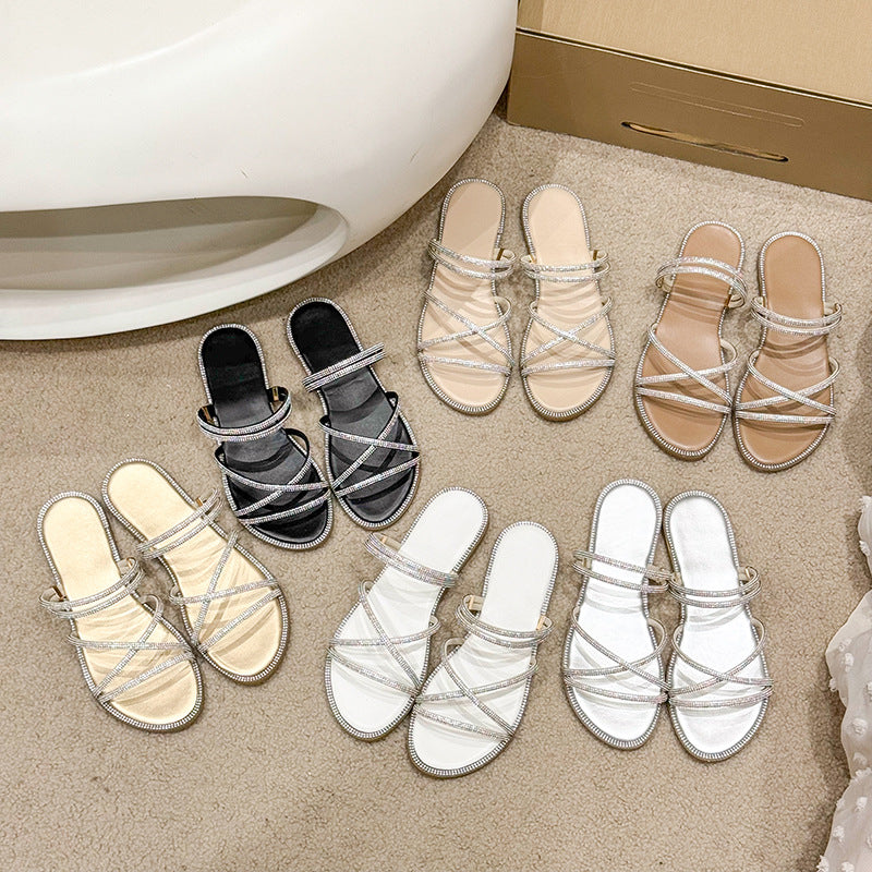 Damen Glamouröse Slide-Sandalen mit funkelnden Riemen und komfortablem Fußbett EB