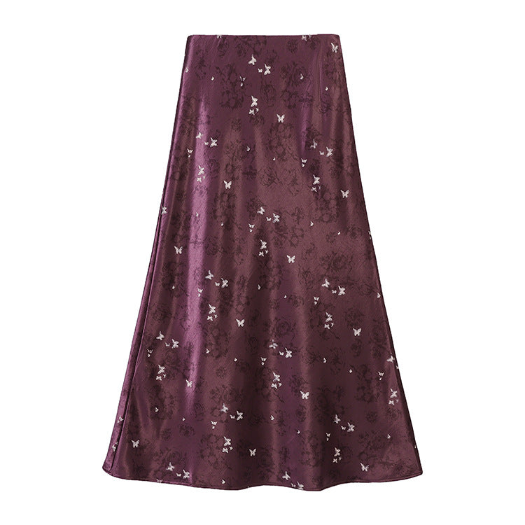 Damen  A-Linien Midirock aus Jacquard-Satin mit floralen und Schmetterlingsreliefs EB