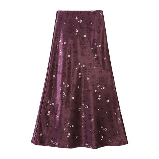 Damen  A-Linien Midirock aus Jacquard-Satin mit floralen und Schmetterlingsreliefs EB