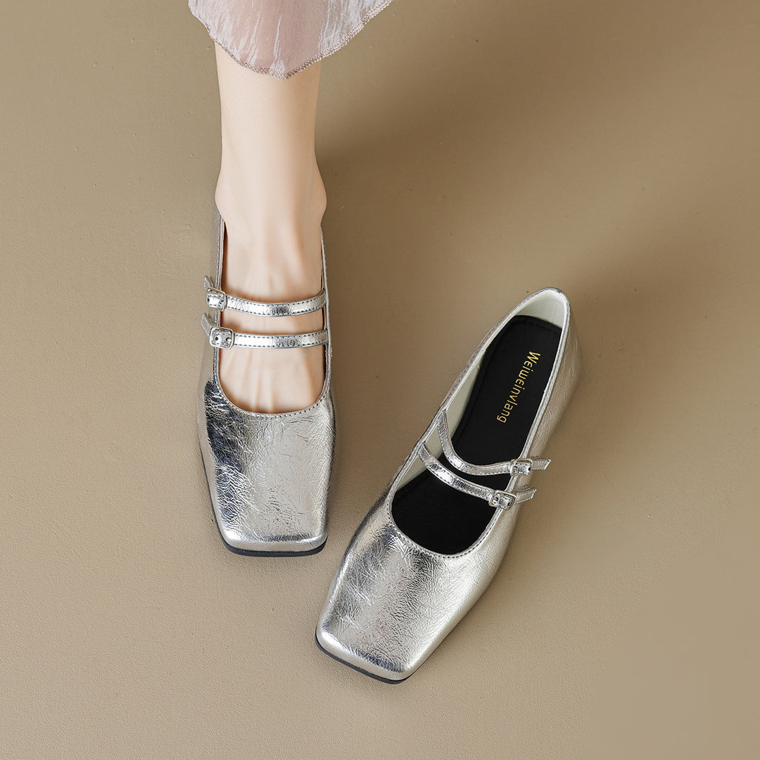 Damen elegante Ballerinas mit doppeltem Riemen und schimmerndem Obermaterial EB