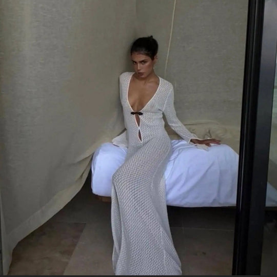 Damen Luxuriöses Netzkleid mit tiefem V-Ausschnitt und langen Ärmeln EB