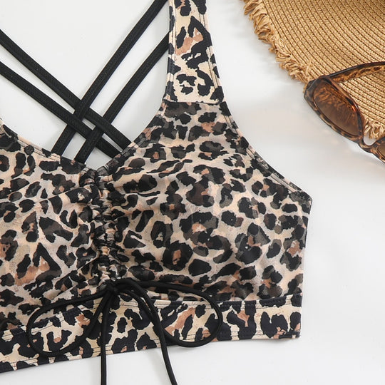 Damen Bikini-Set mit modischem Leopardenmuster und verstellbarem Rock EB
