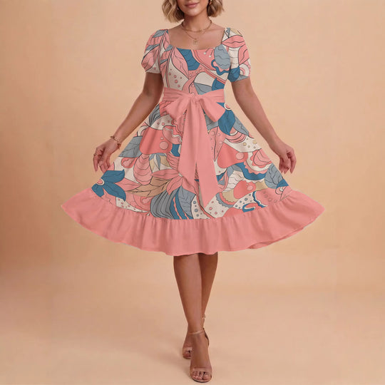 Damen elegantes Maxikleid mit floralem Design und Taillengürtel EB
