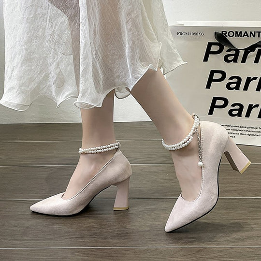 Damen elegante Pumps mit perlverziertem Riemen und blockiertem Absatz EB