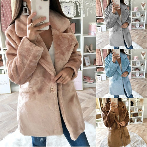 Damen Elegante Kunstfell-Jacke mit aufgesetzten Taschen und großem Revers EB