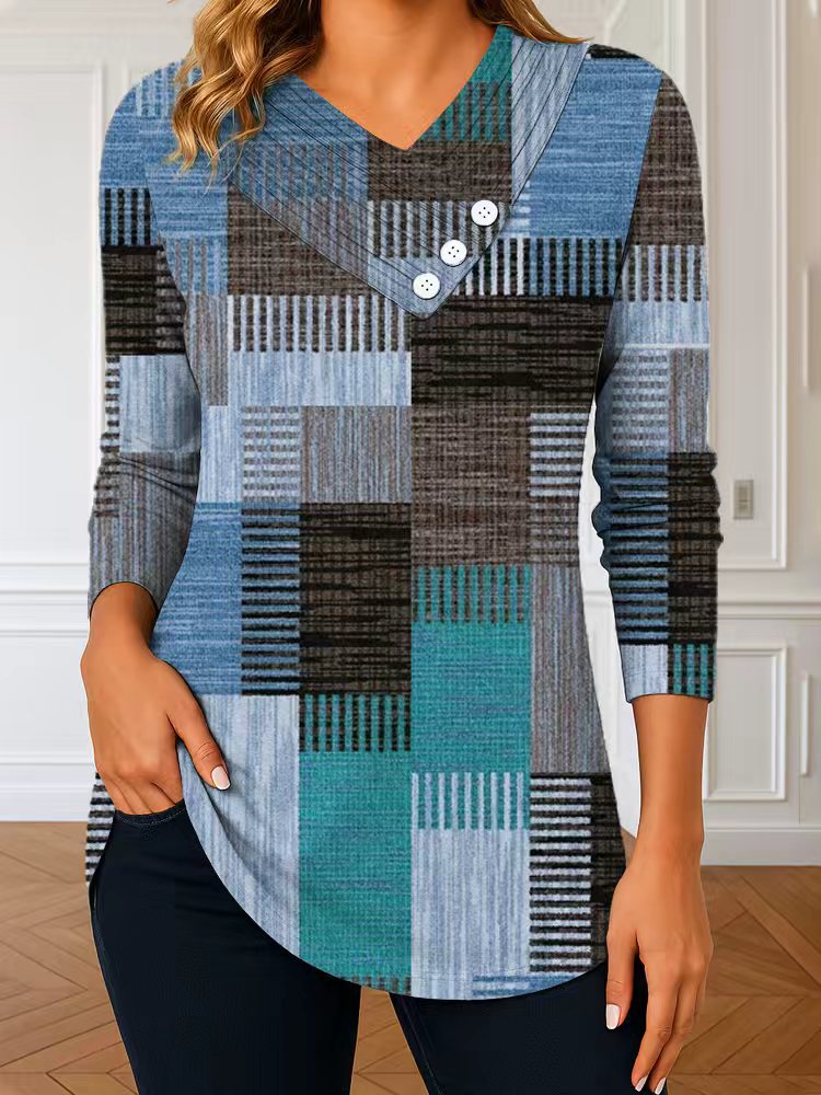 Damen Langarm-Tunika mit asymmetrischem V-Ausschnitt, Zierknopfleiste und kariertem Patchworkmuster EB