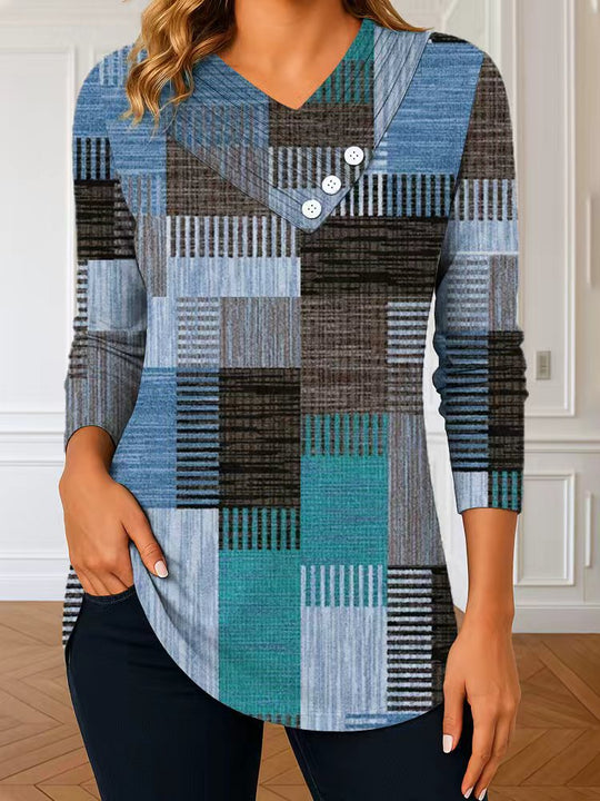 Damen Langarm-Tunika mit asymmetrischem V-Ausschnitt, Zierknopfleiste und kariertem Patchworkmuster EB