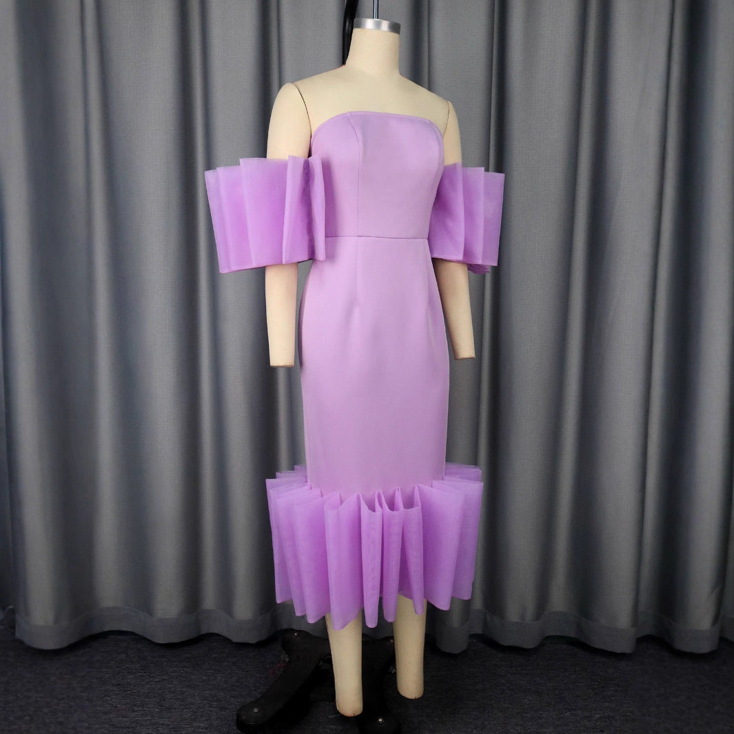 Damen Elegantes Midi-Kleid mit voluminösen Rüschenärmeln und asymmetrischem Saum EB