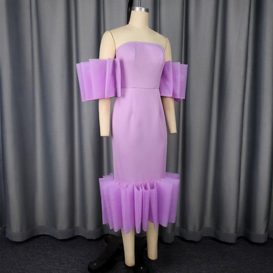 Damen Elegantes Midi-Kleid mit voluminösen Rüschenärmeln und asymmetrischem Saum EB