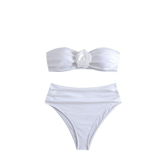 Damen Bandeau-Bikini mit floralem Detail und hochgeschnittenem Höschen EB