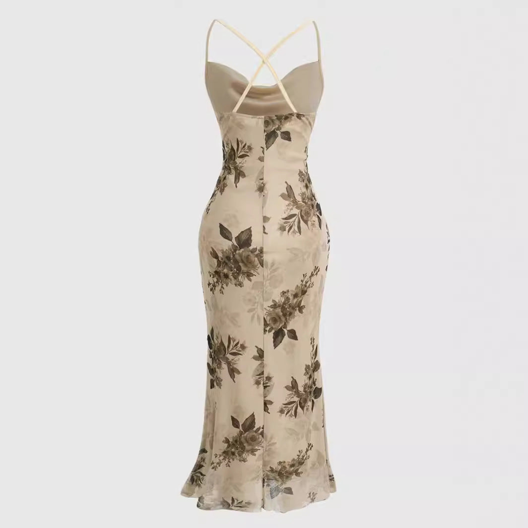 Damen körperbetontes Maxikleid mit floralem Design und Spaghettiträgern EB