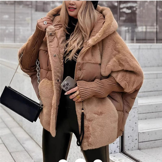 Damen Oversize Steppjacke mit Kunstfell und Kapuze EB