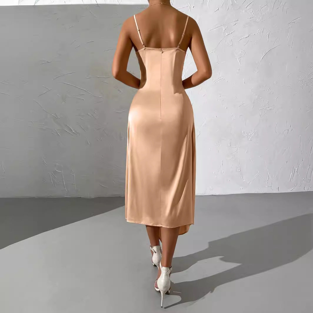 Damen langes Satin-Kleid mit sinnlichem Schlitz EB