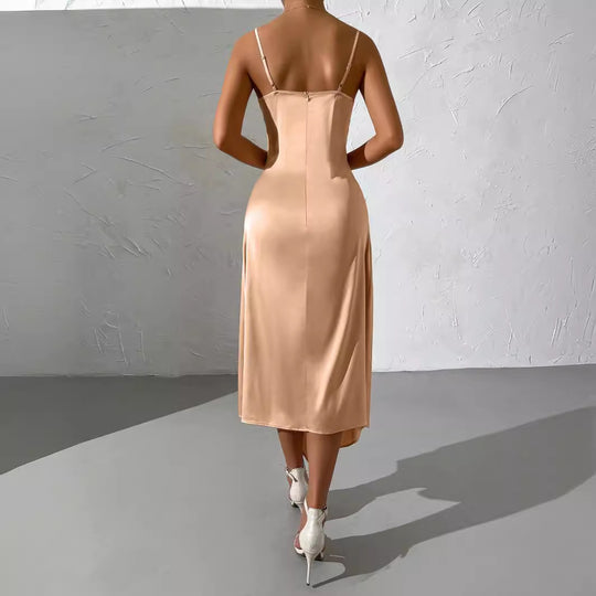 Damen langes Satin-Kleid mit sinnlichem Schlitz EB