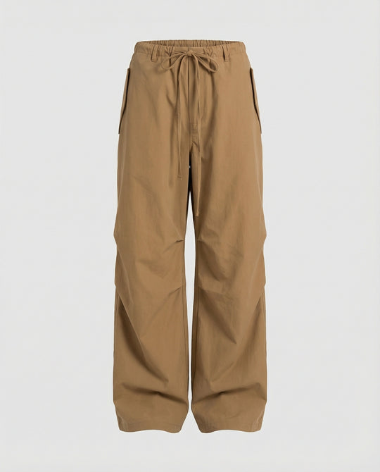 Damen hochgeschnittene extraweite Streetwear-Hose mit Tunnelzugbund, markanten Kniefalten und weitem Beinverlauf EB