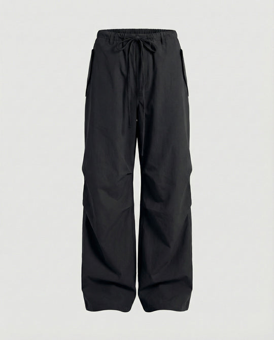 Damen hochgeschnittene extraweite Streetwear-Hose mit Tunnelzugbund, markanten Kniefalten und weitem Beinverlauf EB