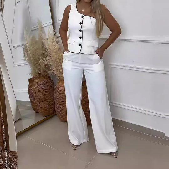 Damen Elegantes Hosenanzug mit asymmetrischem Ausschnitt und Knopfdetails EB
