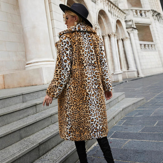 Damen Luxuriöser Kunstpelzmantel mit Leopard-Design EB