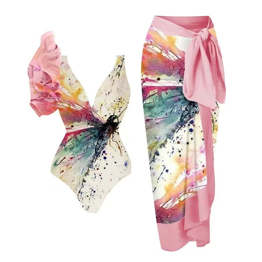 Damen Badeanzug-Set mit floralem Design und elegantem Wickelrock EB