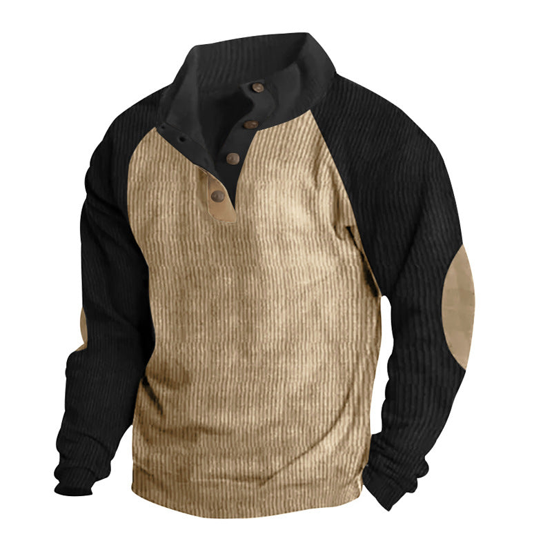 Herren Strukturiertes Raglan-Henley-Pullover mit Stehkragen, Ellenbogenpatches & Knopfleiste EB